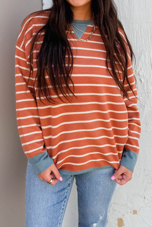 Orange Stripe Ribbed Color Block Detail Drop Shoulder Sweater