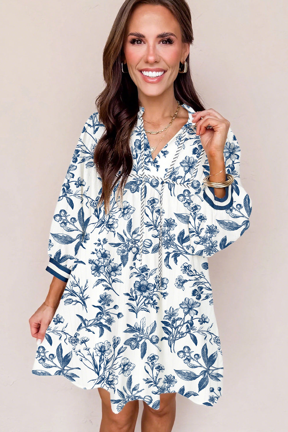 Blue Floral 3/4 Puff Sleeve Babydoll Style Mini Dress