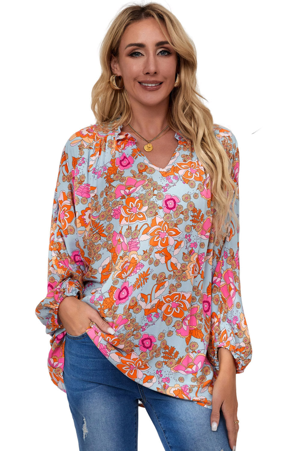 Elegant Floral Ruched V Neck Bohemian Blouse
