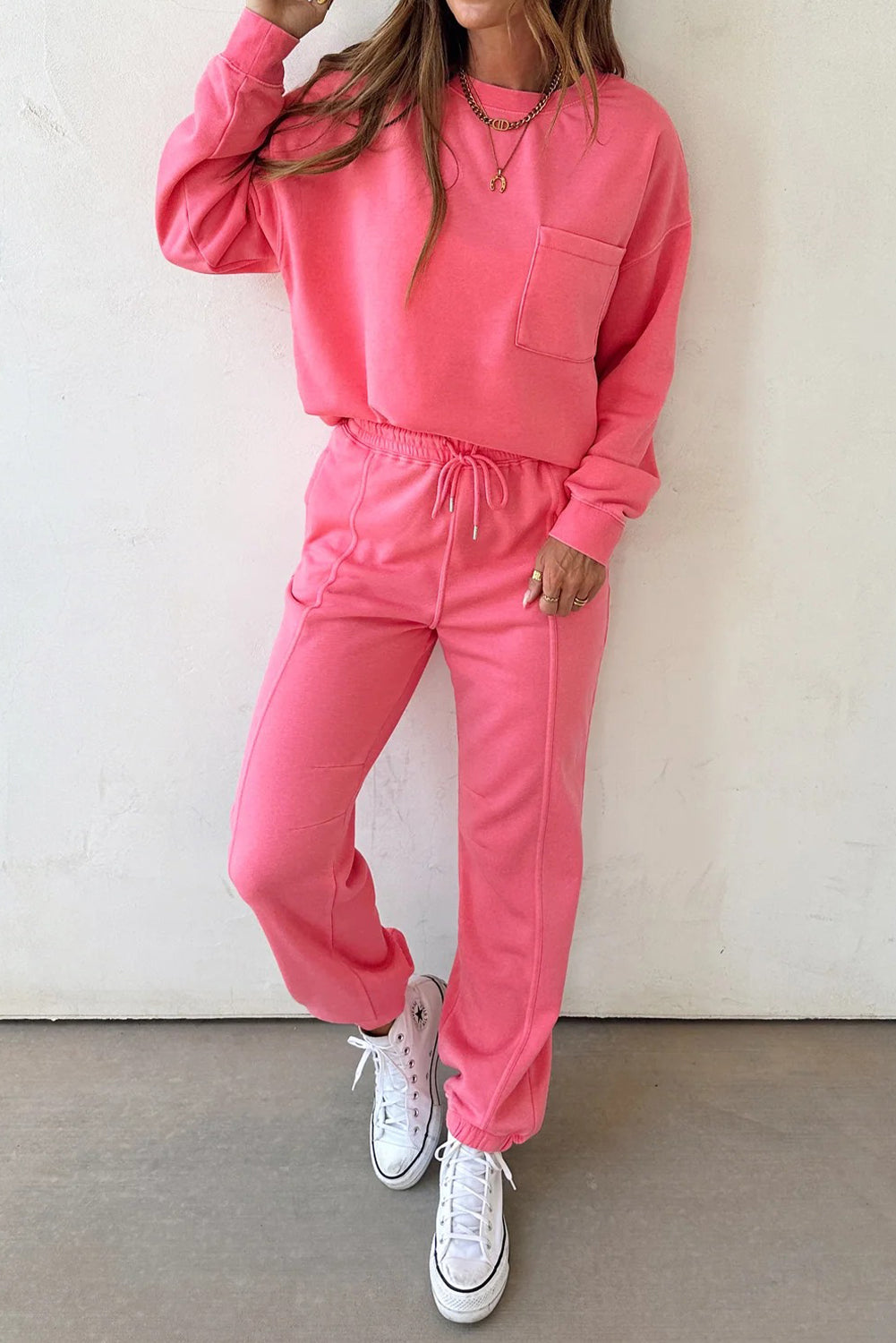 Strawberry Pink Single Chest Pocket Drop Shoulder Pullover Drawstring Jogger Pant Set