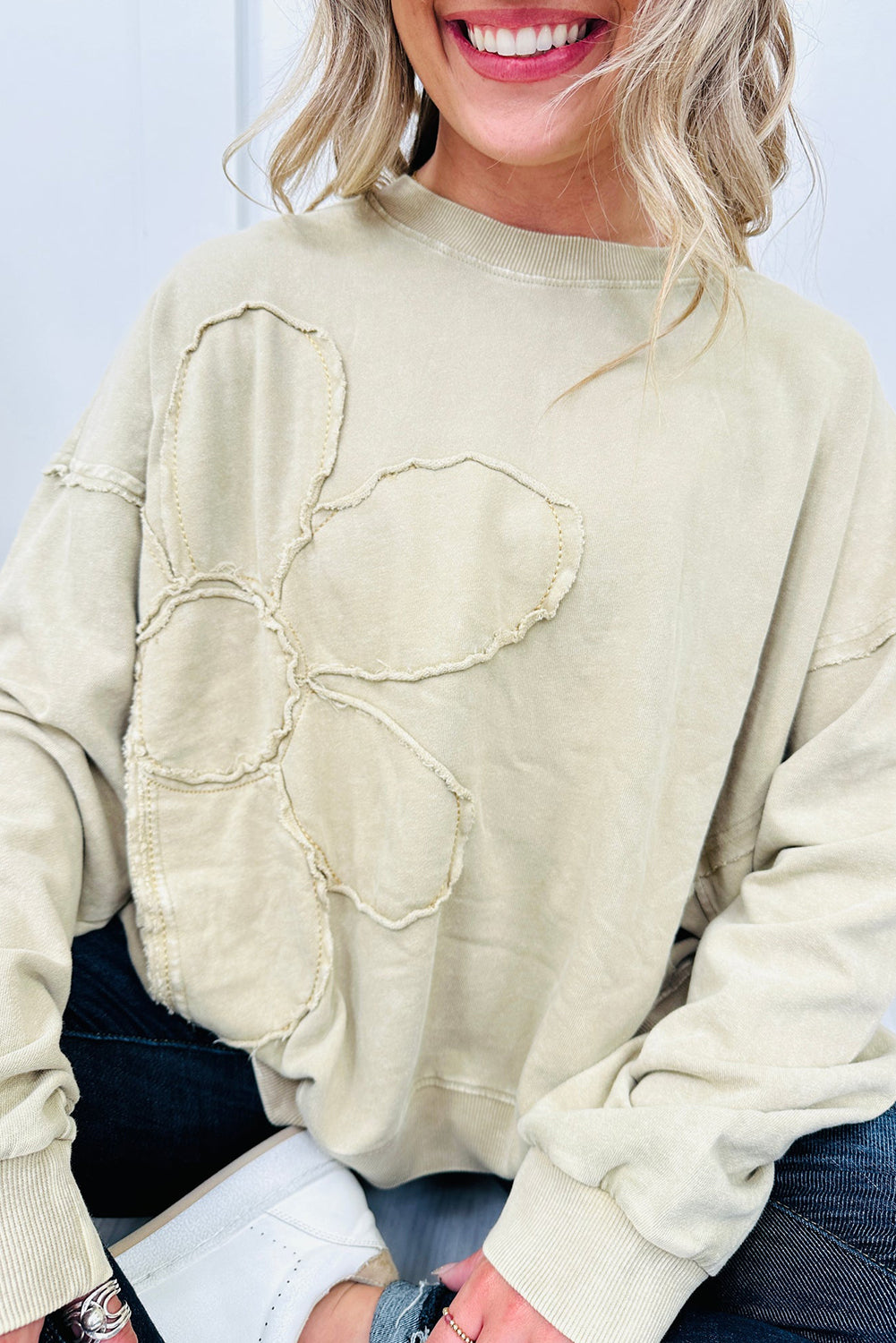 Beige Long Sleeve Stitching Flower Pattern Round Neck Plus Size Top