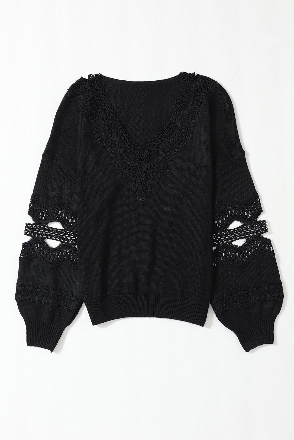 Elegant Black Lace V-Neck Knit Sweater with Hollow Details
