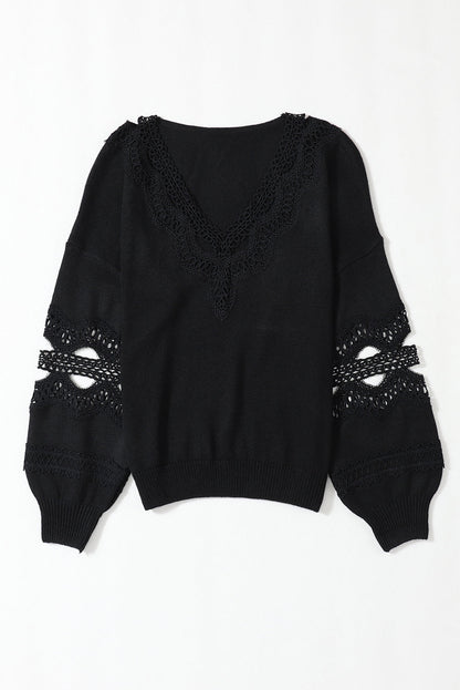 Elegant Black Lace V-Neck Knit Sweater with Hollow Details