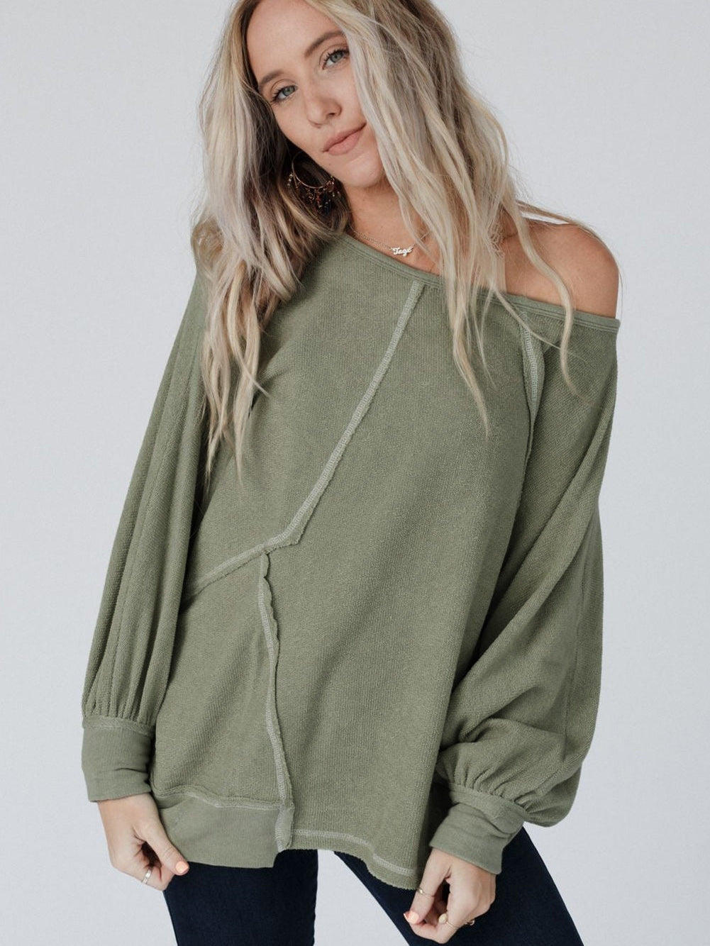 Green Exposed Stitch Detail Dolman Sleeve Patchwork Blouse