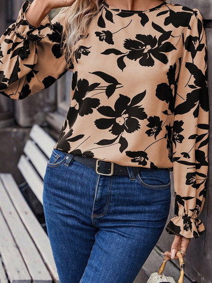 Khaki Floral Flounce Sleeve Back Knot Detail Blouse