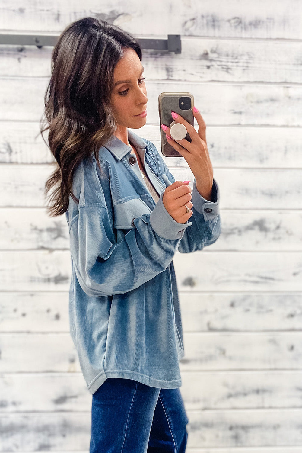 Dusk Blue Velvet Flap Pockets Drop Shoulder Casual Shacket