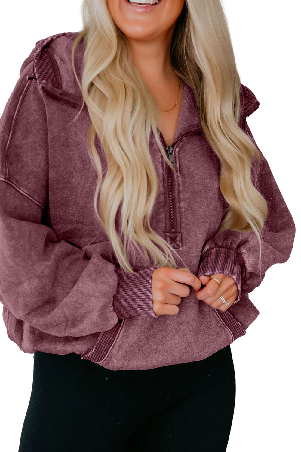 Wild Ginger Half Zip Kangaroo Pocket Mineral Wash Baggy Hoodie