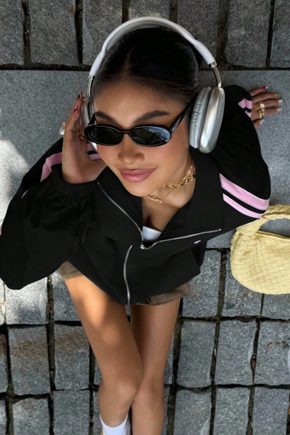 Black Bow Embroidered Detail Zip Up Sweatshirt Womens Jacket