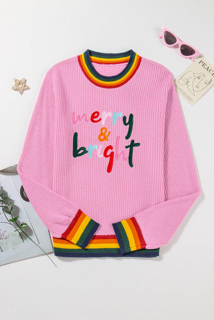 Festive Glitter Stripe Trim Casual Sweater