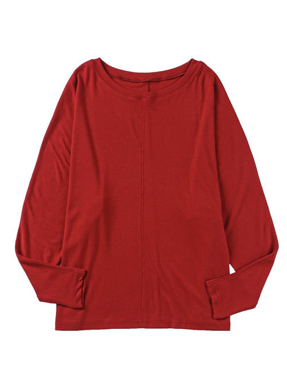 Fiery Red Crew Neck Patchwork Long Sleeve Casual Top