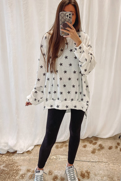 White Star Print Waffle Loose Pullover Top