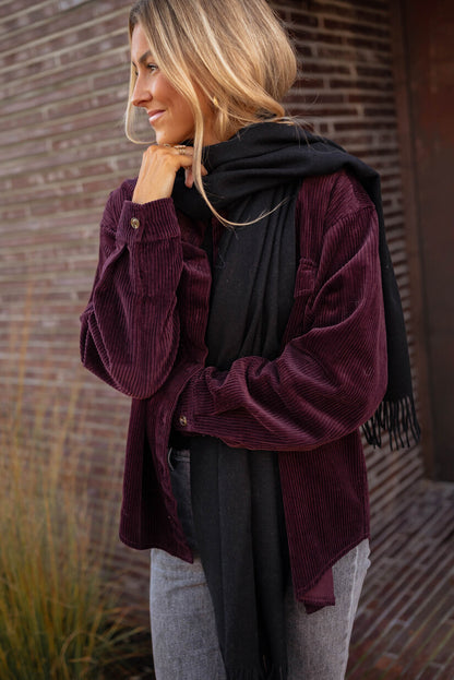 Grape Wine Solid Color Button Flap Pocket Corduroy Shacket