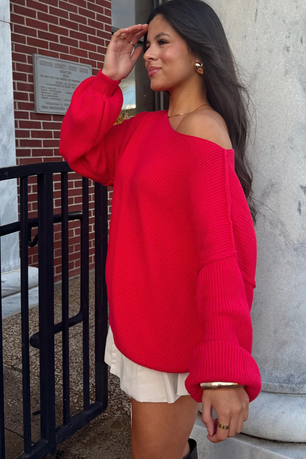 Fiery Red Asymmetric Neck Drop Shoulder Baggy Sweater