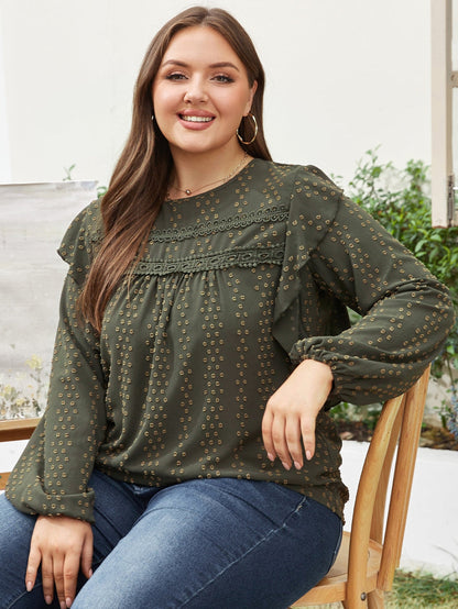 Elegant Mist Green Swiss Dot Lace Ruffle Sleeve Blouse