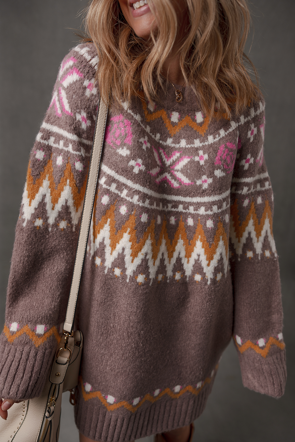 Brown Tribal Pattern Knitted Ribbed Edge Crew Neck Sweater Dress