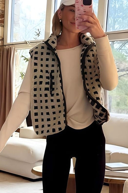 Black Checkered Texture Plush Zip Up Winter Vest