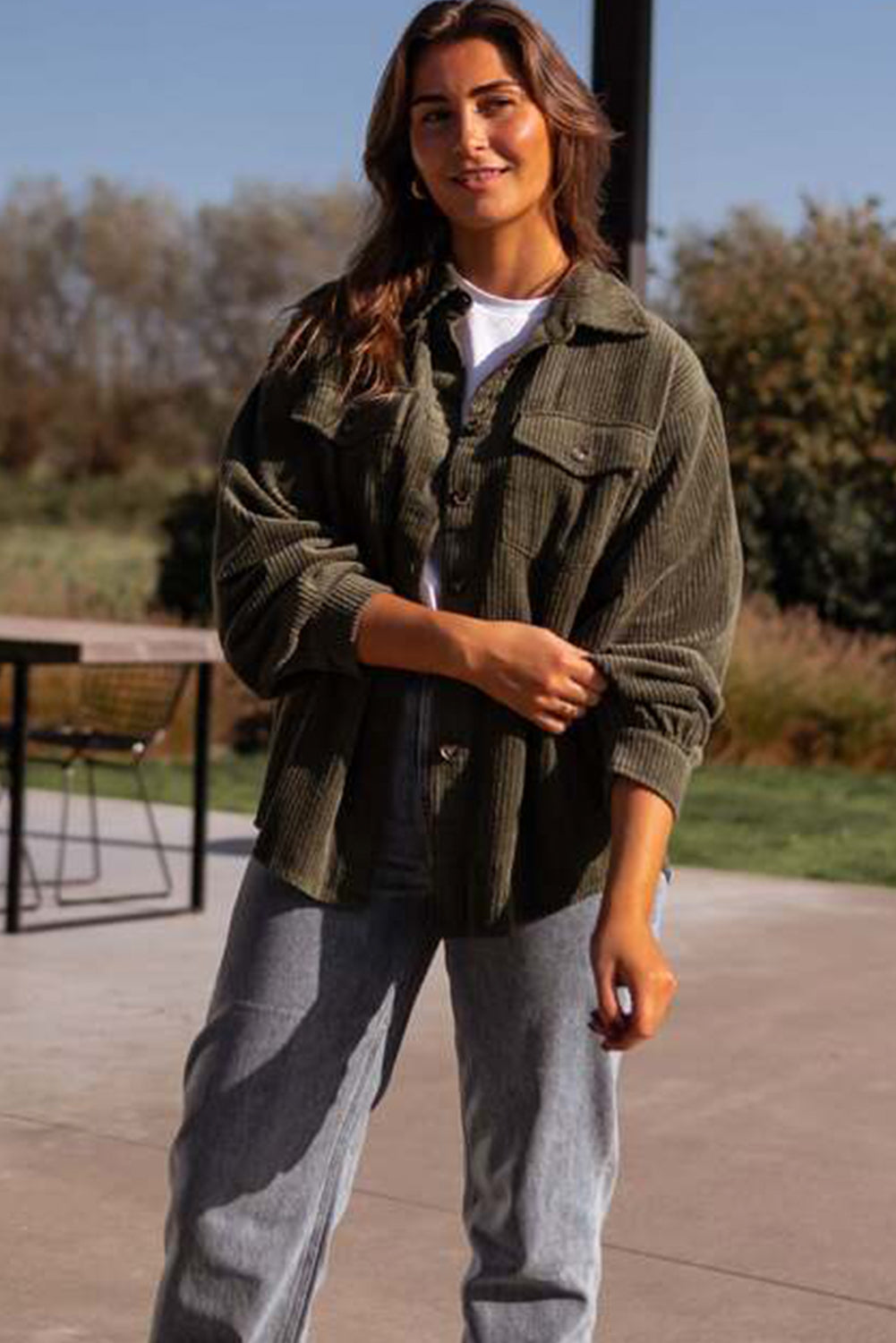 Moss Green Solid Color Button Flap Pocket Corduroy Shacket