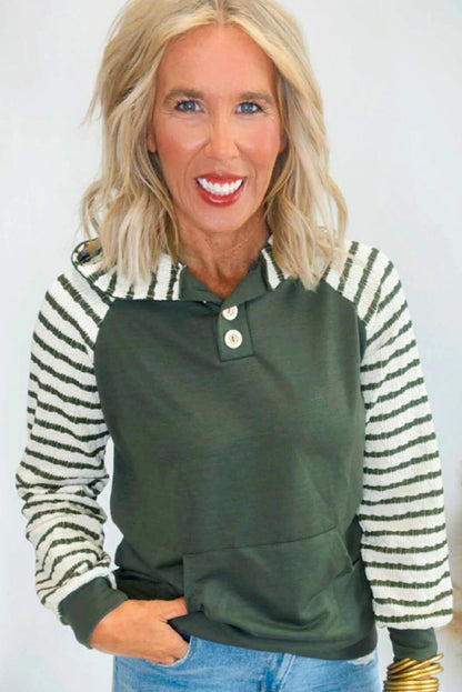 Mist Green Striped Contrast Patchwork Raglan Sleeve Kangaroo Pocket Hoodie