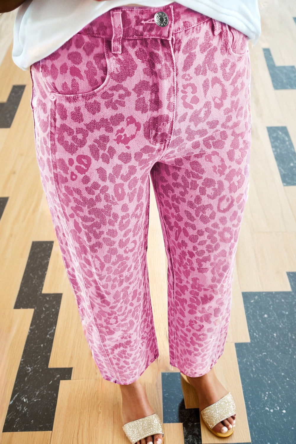 Pink Leopard Print Straight Loose Jeans