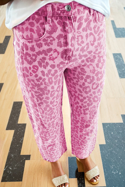 Pink Leopard Print Straight Loose Jeans