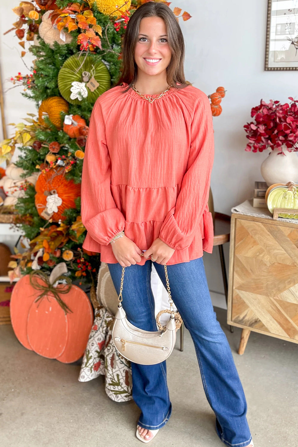 Orange Solid Color Frilled Round Neck Ruffle Hem Patchwork Tunic Top