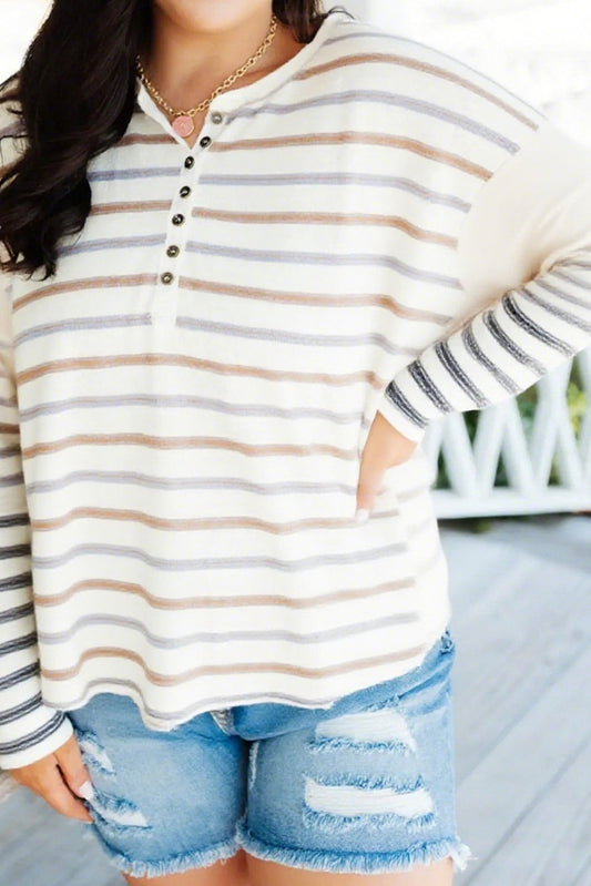 Khaki Stripe Plus Size Contrast Long Sleeve Patchwork Henley Top