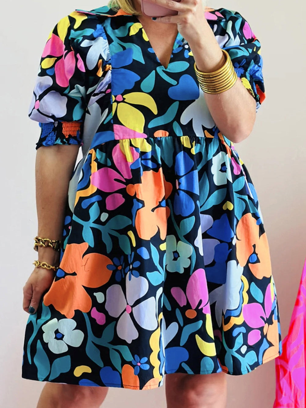 Blue Floral Split Neck Plus Size Collared Mini Dress