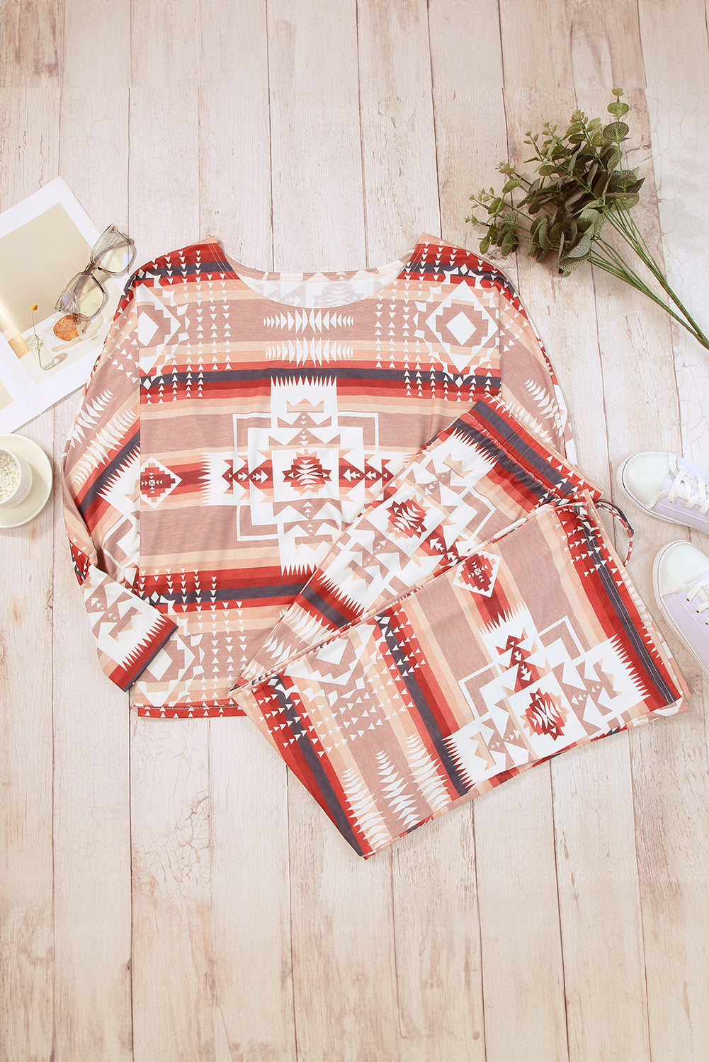 Aztec Bliss Multicolour Lounge Set with Puff Sleeves and Wide Leg Pants