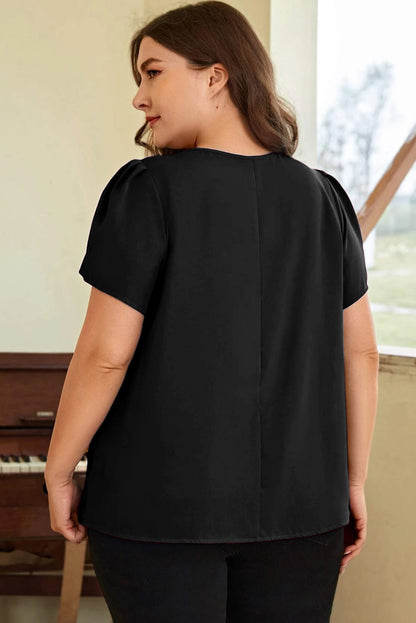 Chic Black Keyhole Pleated Plus Size T-Shirt