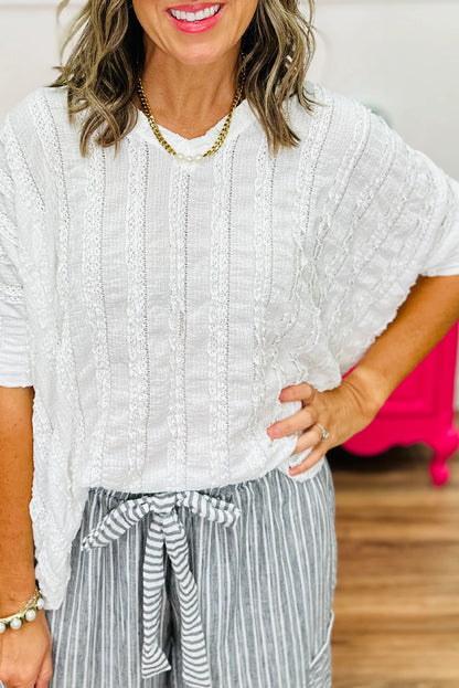 White Lacy Striped Texture 3/4 Sleeve Dolman Blouse