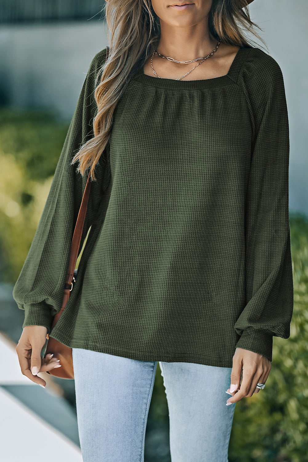 Green Square Neck Loose Fit Waffle Knit Long Sleeve Top