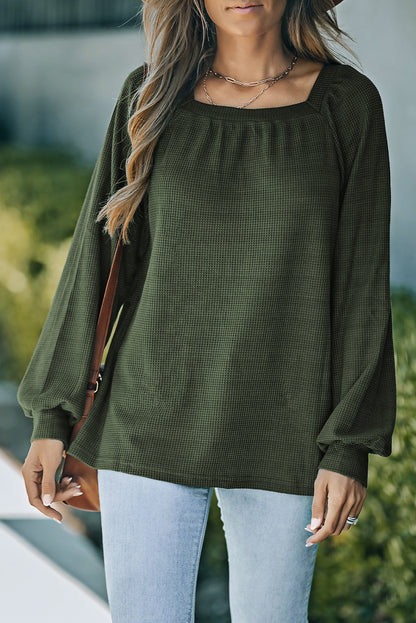 Green Square Neck Loose Fit Waffle Knit Long Sleeve Top