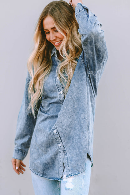 Pocket Short Sleeve Denim Slit Shirt Dress