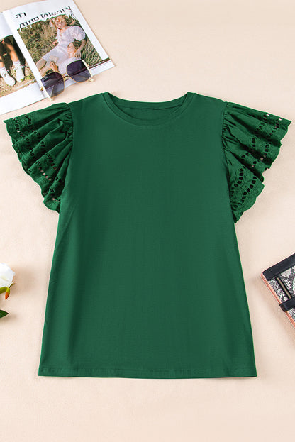 Green Eyelet Flutter Sleeve Plus Size Top