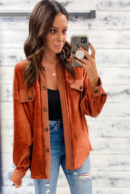 Gold Flame Velvet Flap Pockets Drop Shoulder Casual Shacket