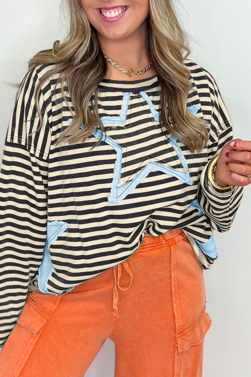 Black Stripe Starry Patch Drop Shoulder Raw Edge Casual Knit Top