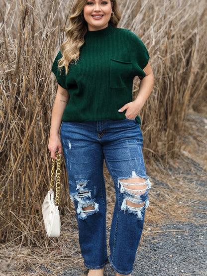 Jungle Green Plus Size Mock Neck Chest Pocket Short Sleeve Sweater