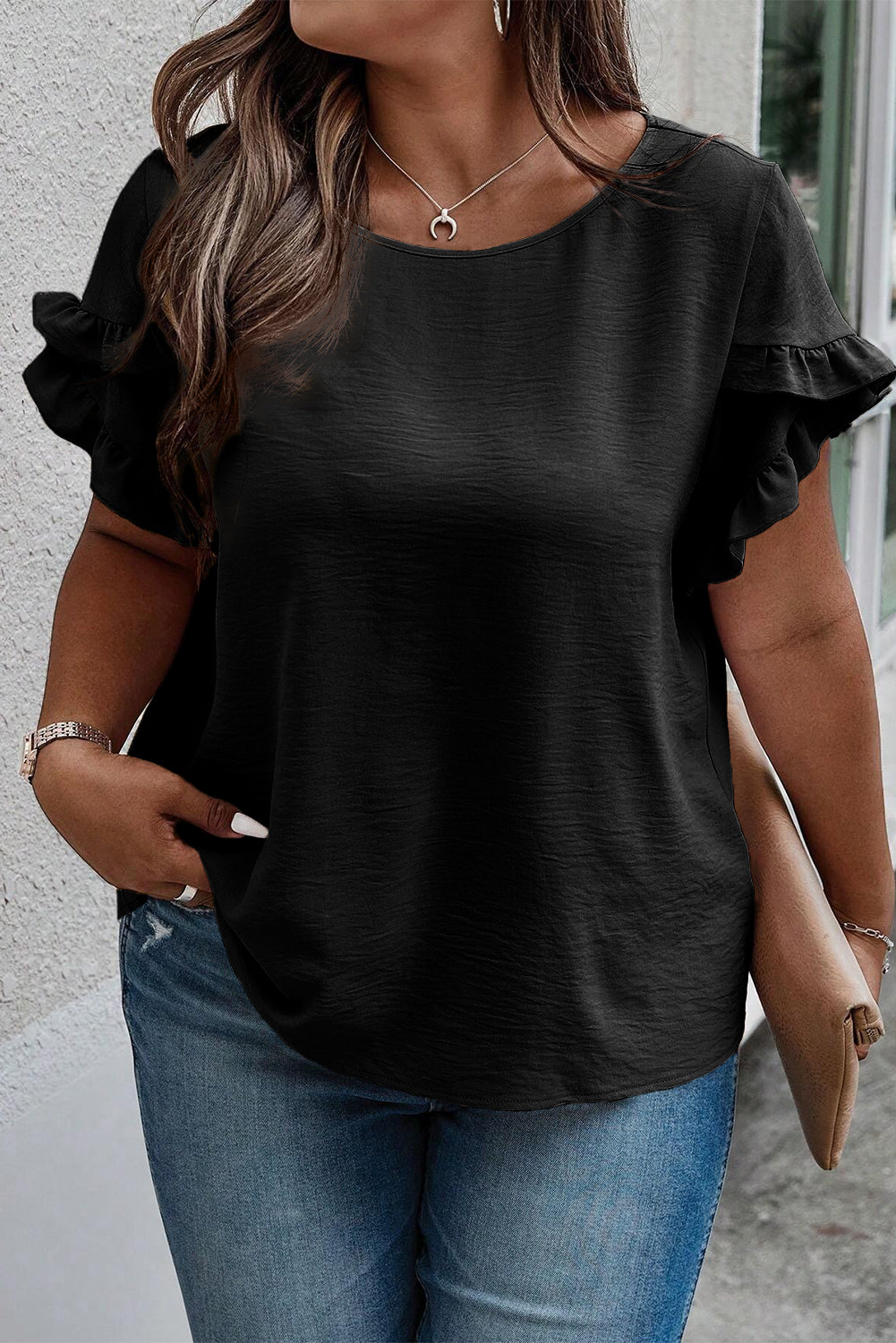 Chic Black Ruffle Sleeve Plus Size Blouse