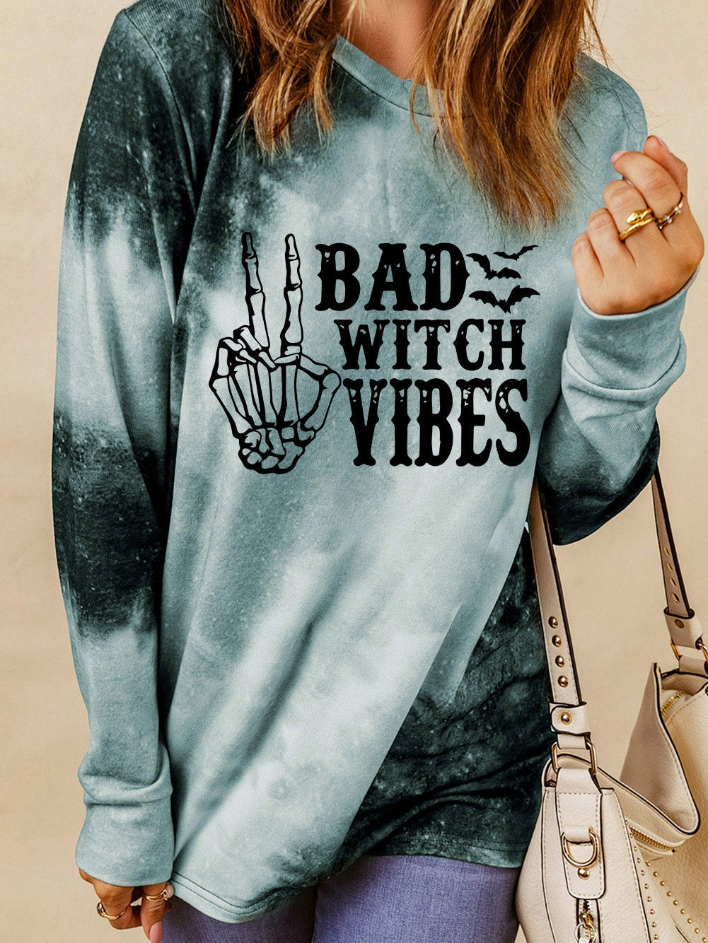 BAD WITCH VIBES Tie Dye Gray Graphic Long Sleeve Top