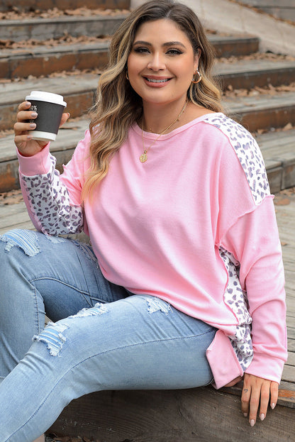 Pink Leopard Patchwork Plus Size Sweatshirt with Exposed Seams