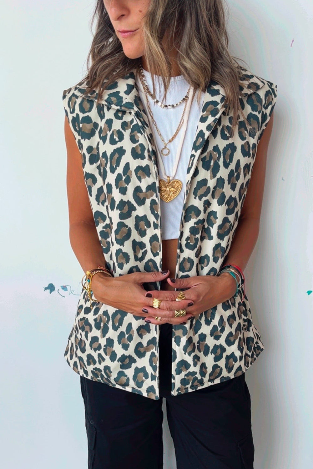Brown Leopard Open Front Jacket Vest