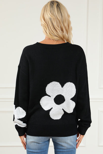 Elegant Black Floral Knit Sweater