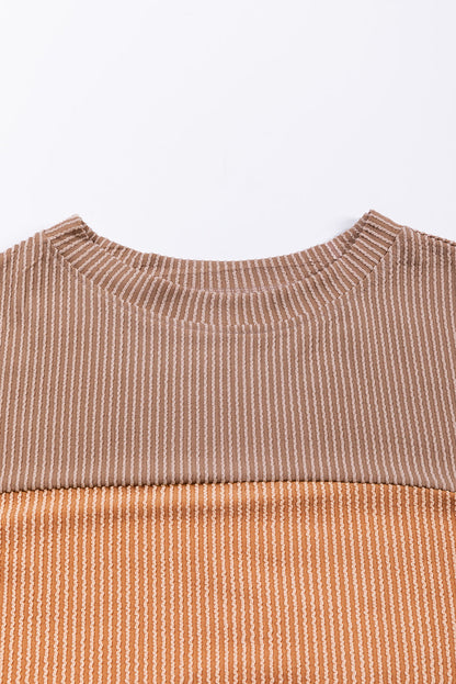 Khaki Color Block Ribbed Top with Long Sleeves