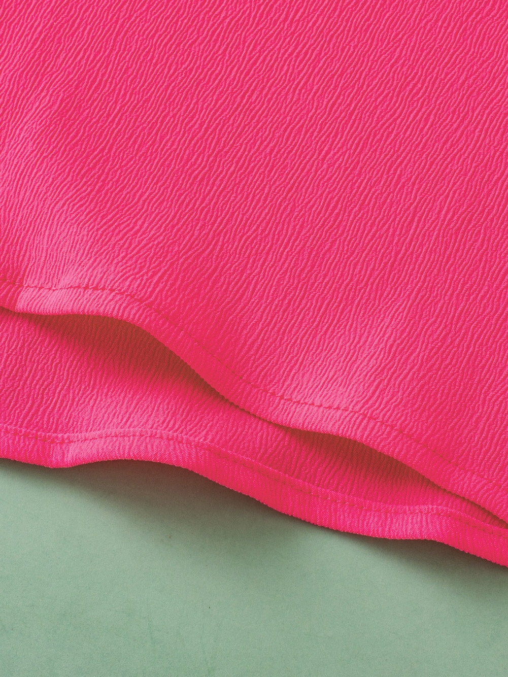 Strawberry Pink Textured 2-Tone Patchwork Frill Neck Ruffled Trim Plus Blouse