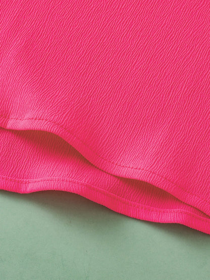 Strawberry Pink Textured 2-Tone Patchwork Frill Neck Ruffled Trim Plus Blouse