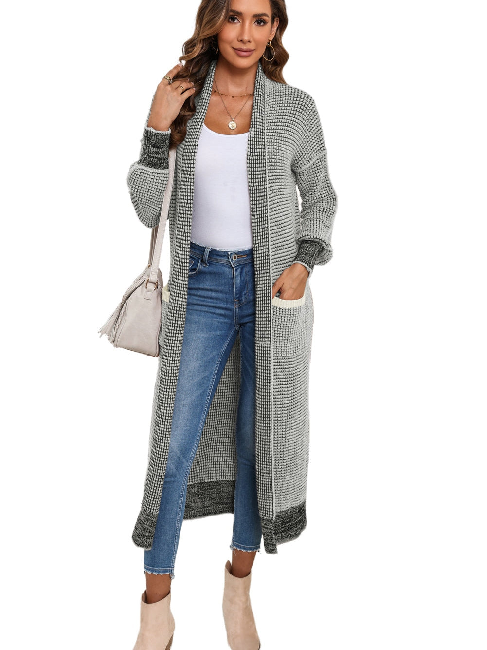 Gray Knit Textured Longline Cardigan with Pockets