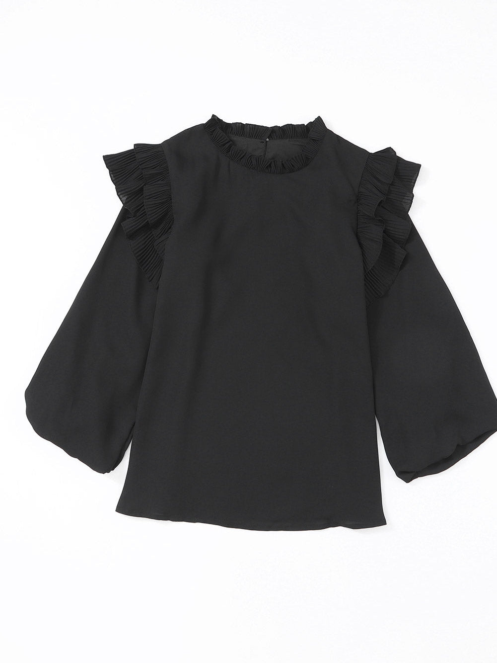 Elegant Black Ruffle Sleeve Keyhole Back Blouse