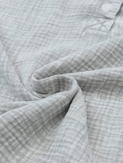 Gray Crinkle Texture Henley Top with Loose Fit