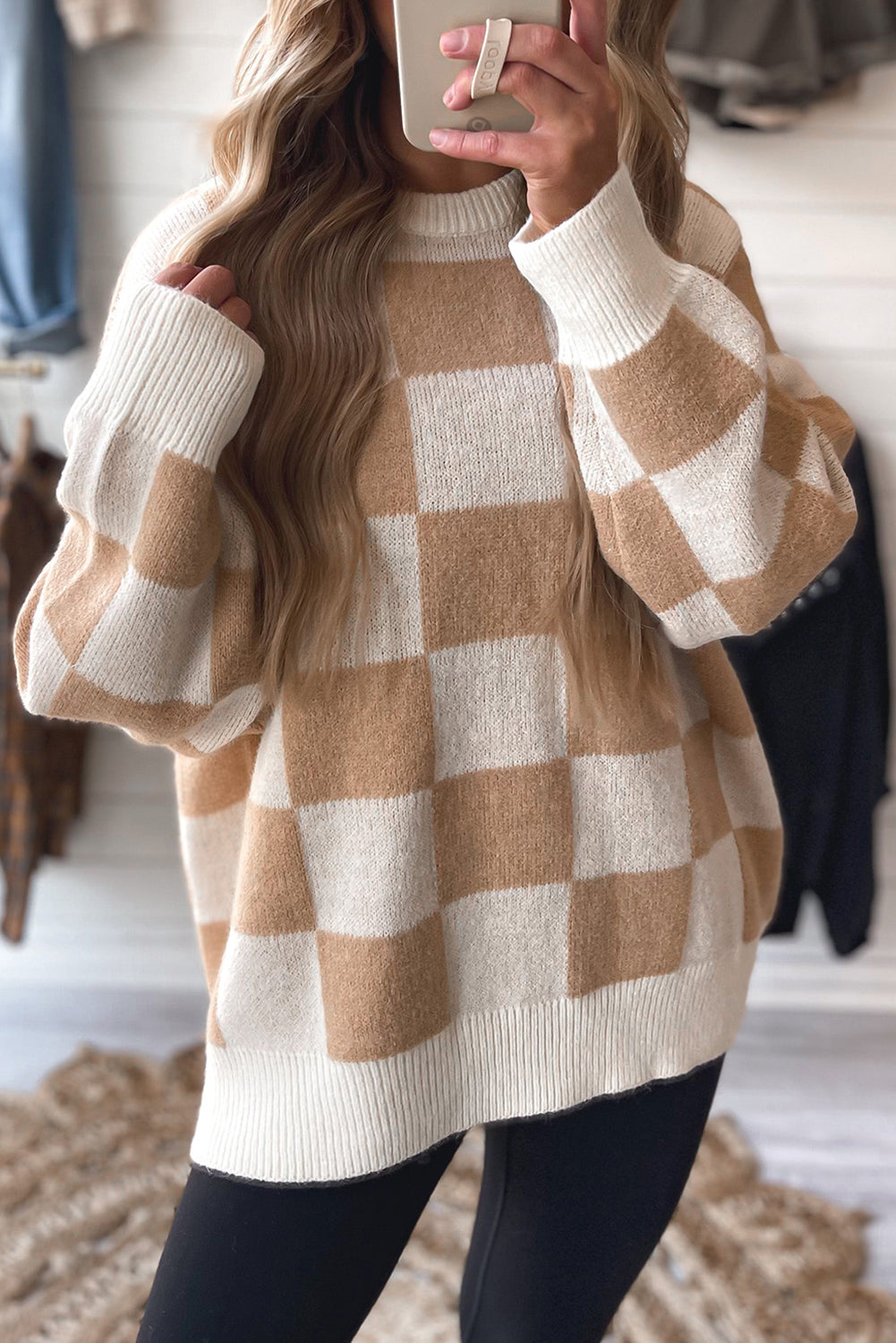 Parchment Ribbed Trim Checkered Pattern Knit Baggy Sweater
