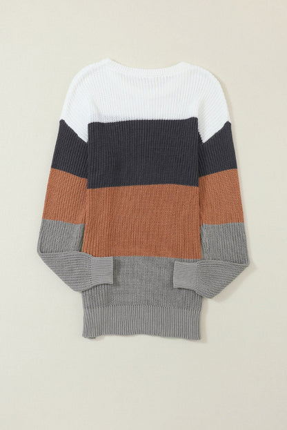 Chestnut Color Block Knitted O-neck Pullover Sweater